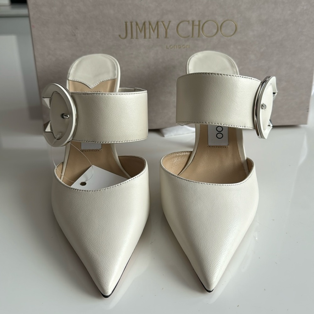 Jimmy Choo Ivory Pointed-Toe Leather Mules with Decorative Buckle - Picture 3 of 9